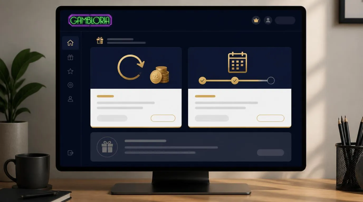 Panel promocji kasyna z tygodniowym cashbackiem i kartą nagród za obrót
