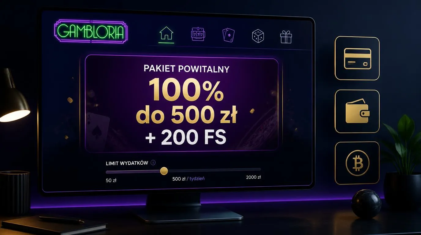 Panel oferty powitalnej 100% do 500 zł i 200 FS obok symboli kart, portfela elektronicznego i kryptowalut