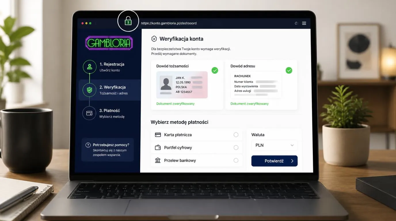 Panel konta z potwierdzoną tożsamością i adresem oraz ekran wyboru metody wpłaty